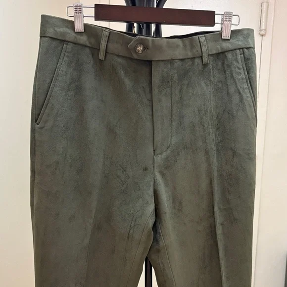 Men's Olive Suede Leather Green Pants Size 34